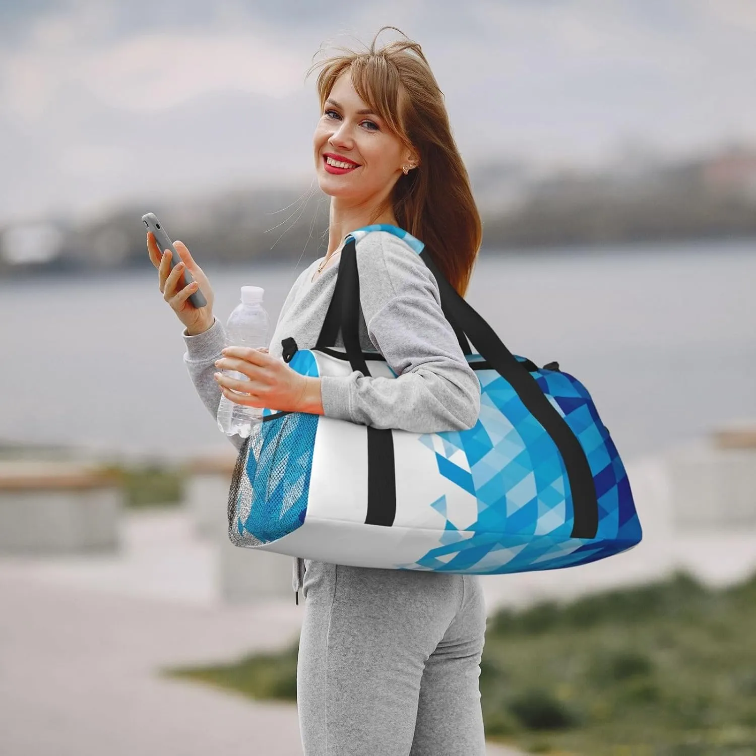 Azure Triangle On White Water Travel Duffel Bag Large Foldable Waterproof Overnight Bag For Beach Swim Bags Pool Sports Gym