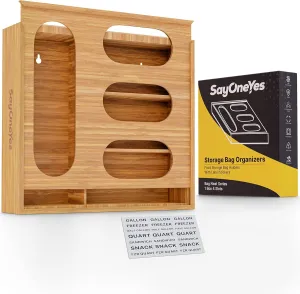 Bag Storage Organizer for Kitchen Drawer - Bamboo Food Storage Plastic Baggie Organizer – Compatible with Gallon, Quart, Sandwich and Snack Variety Size Bags – 1 Box 4 Slots