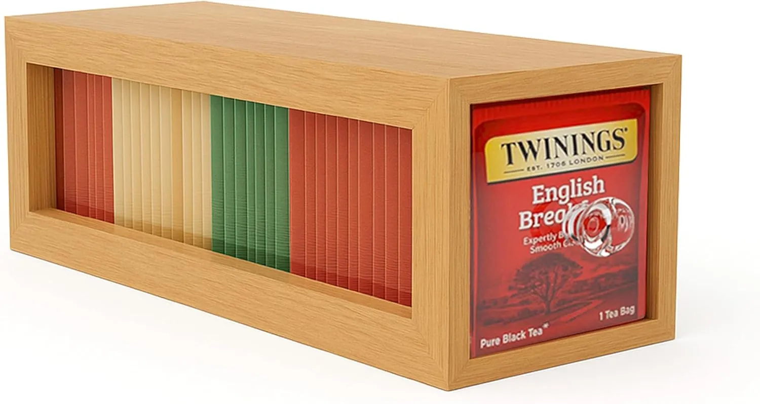 Bamboo and Acrylic Drawer Tea Bag Organizer - Durable & Elegant Tea Bag Storage Holder for Kitchen Countertop, Space-Saving Tea Drawer Organizer
