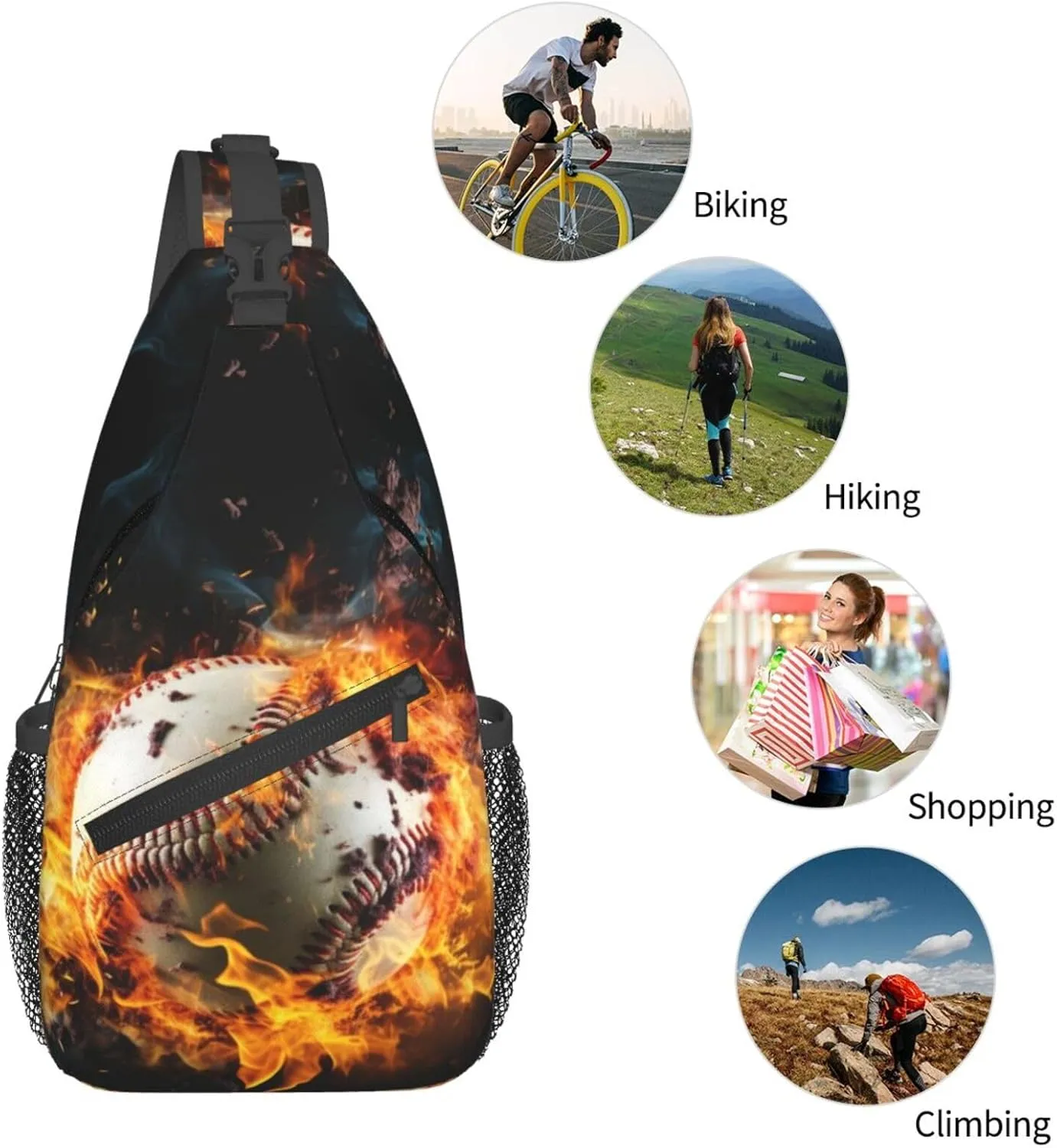 Baseball Ball In Fires Flames Chest Bags Crossbody Sling Bag Shoulder Bag Travel Hiking Daypack For Men Women