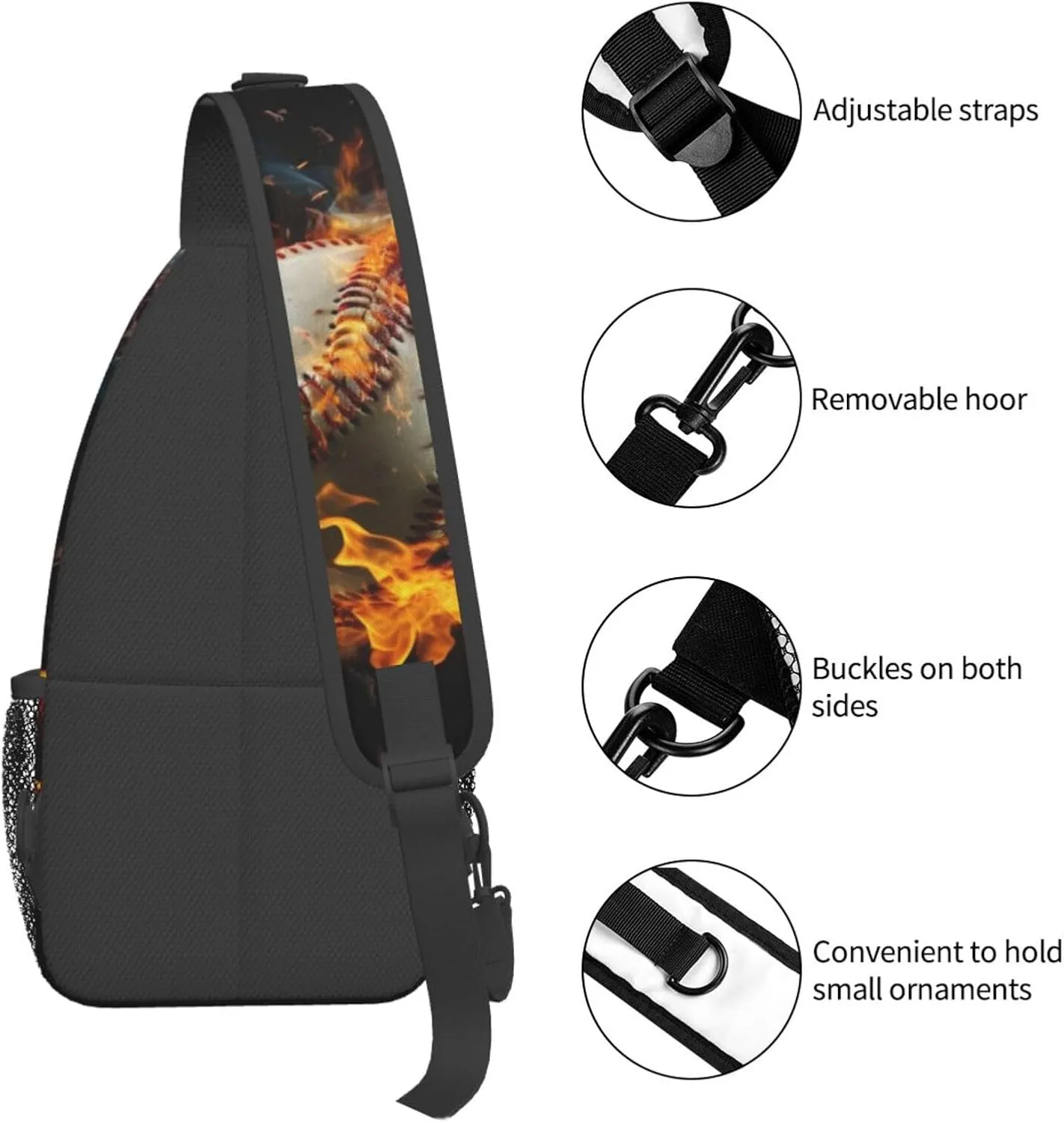 Baseball Ball In Fires Flames Chest Bags Crossbody Sling Bag Shoulder Bag Travel Hiking Daypack For Men Women