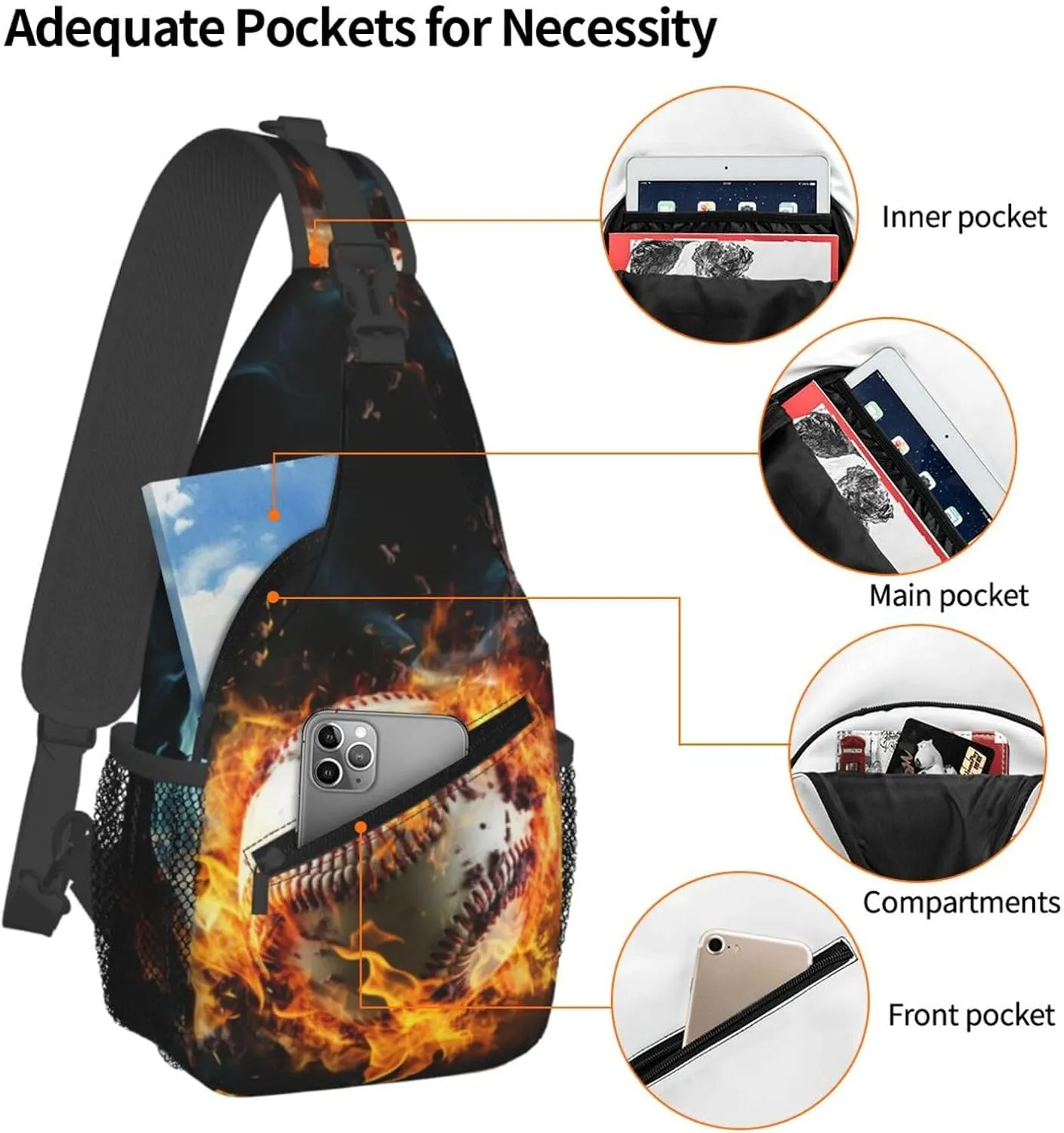 Baseball Ball In Fires Flames Chest Bags Crossbody Sling Bag Shoulder Bag Travel Hiking Daypack For Men Women