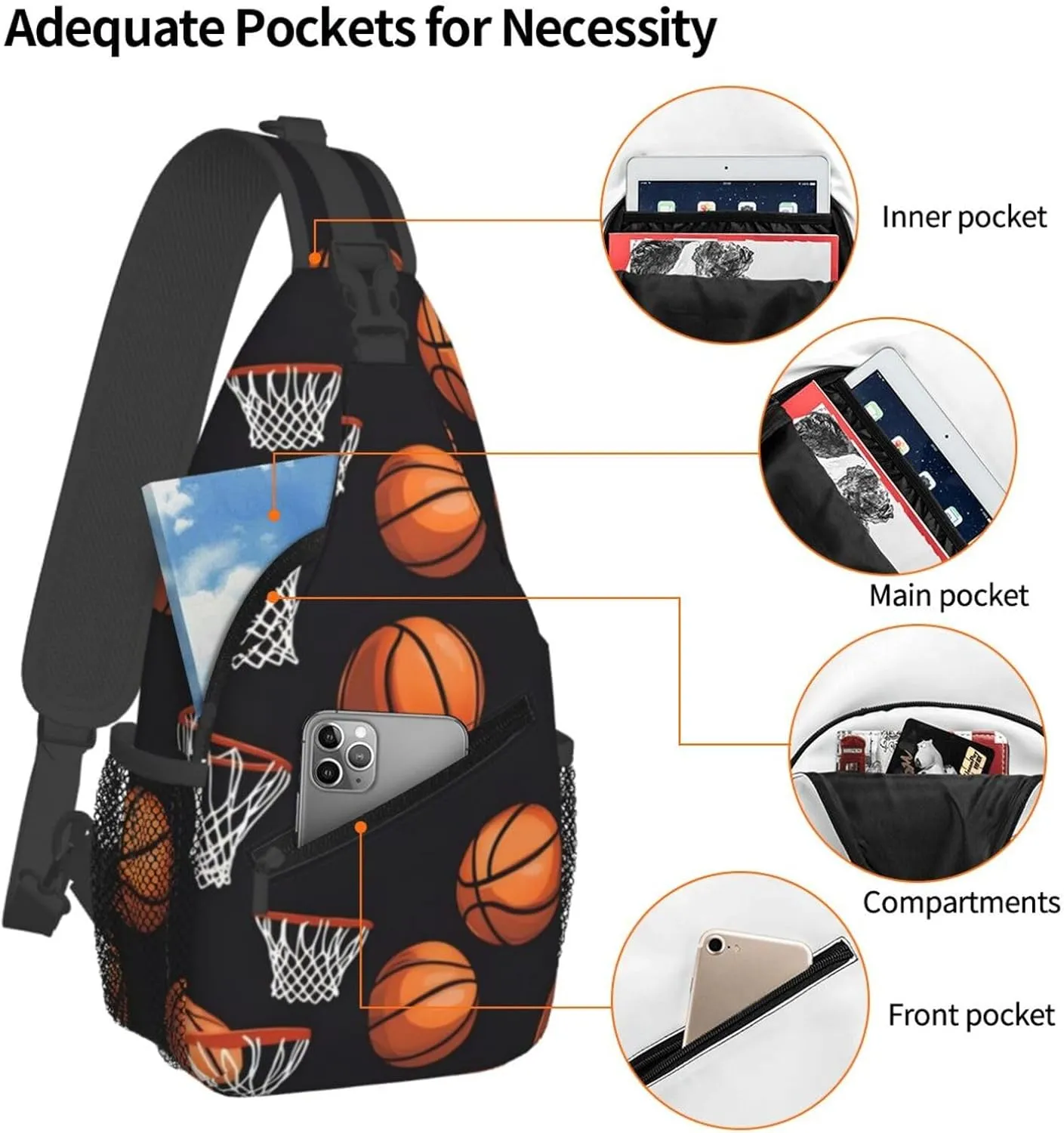 Basketball Hoop Basketball Net Chest Bags Crossbody Sling Bag Shoulder Bag Travel Hiking Daypack For Men Women