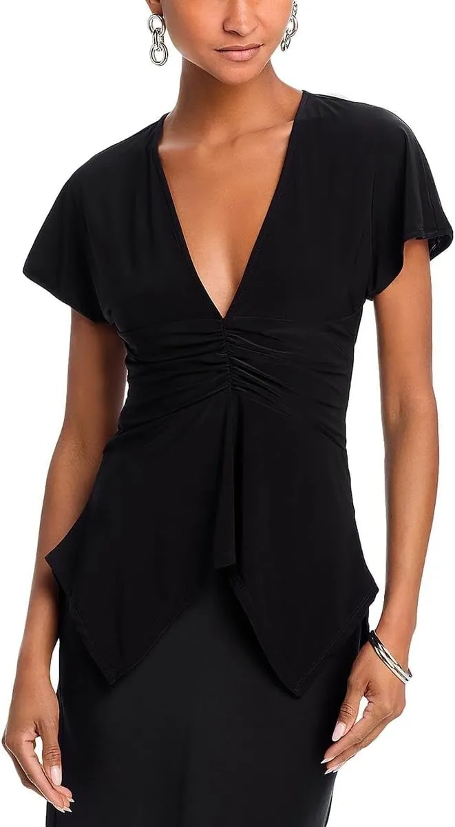 BCBGMAXAZRIA Women's Short Sleeve V Neck Ruched Knit Top