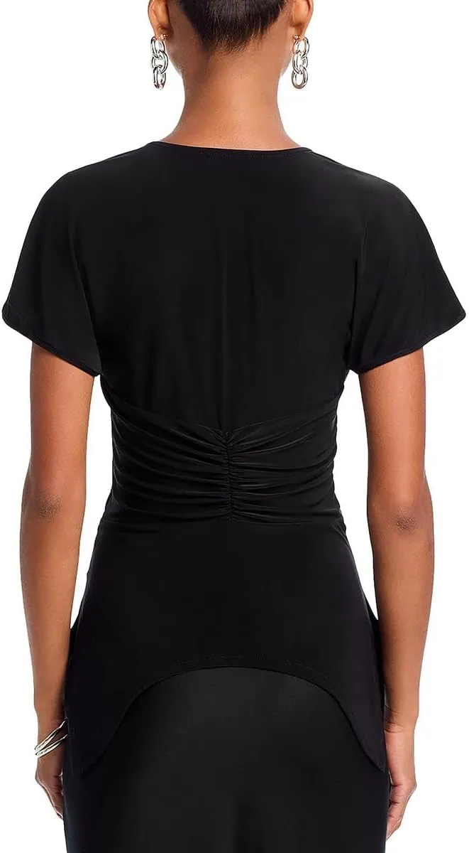 BCBGMAXAZRIA Women's Short Sleeve V Neck Ruched Knit Top