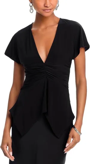 BCBGMAXAZRIA Women's Short Sleeve V Neck Ruched Knit Top