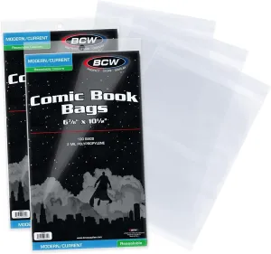BCW Resealable Current/Modern Comic Bags - 200 ct | Acid-Free Modern Comic Bags for Current Issues | Exterior 6 7/8 x 10 1/2 inches | Crystal Clear Protection for Your Comic Collection