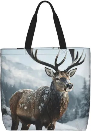Beach Tote Bag for Women Grocery Bag Reusable Aesthetic Shopping Bags Snow Elk Handbag