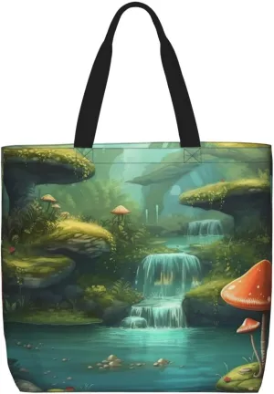 Beach Tote Bag for Women Grocery Bag Reusable Aesthetic Shopping Bags View of Fantasy River with Pond and Fishes Mushroom in Jungle Trees Handbag