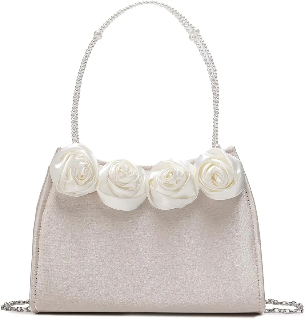 Beautiful 3D Flowers Evening Bags For Women, Elegant Ladies Party Purse, Solid Silk Women Bags With Pearl Handle