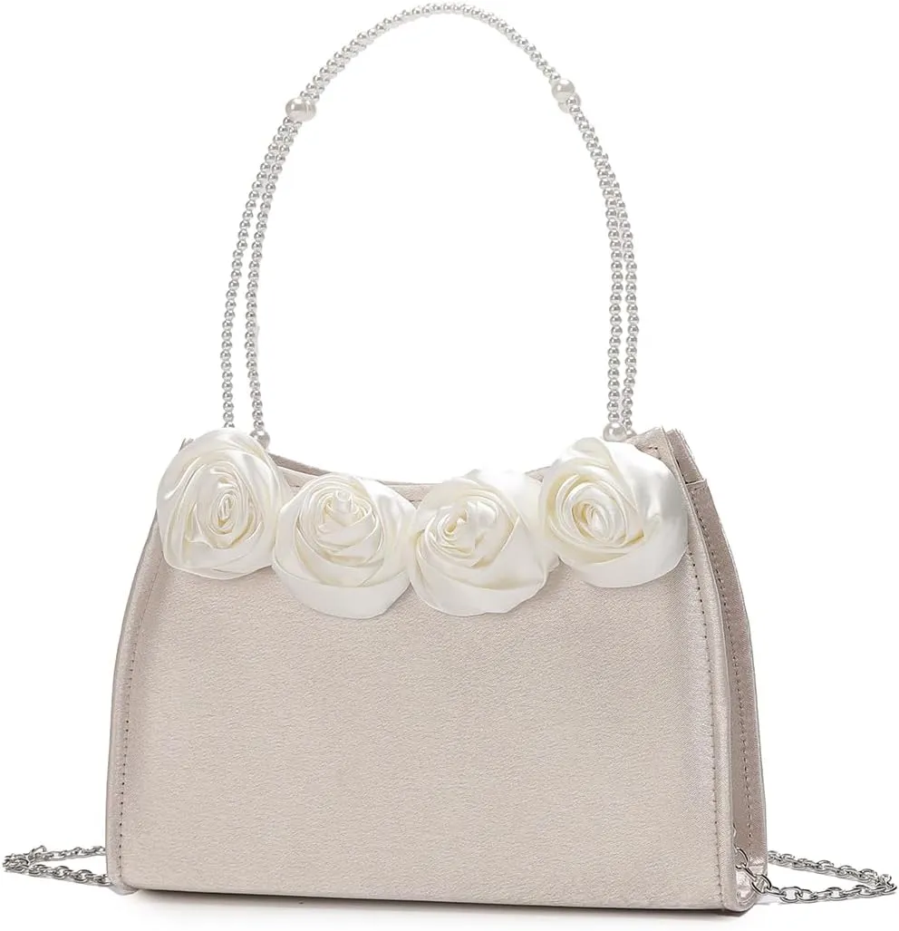 Beautiful 3D Flowers Evening Bags For Women, Elegant Ladies Party Purse, Solid Silk Women Bags With Pearl Handle