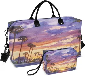 Beautiful Sunset Coconut Tree Travel Duffel Bags 2PCS,Sports Duffel Bags for Men Women,Weekender Overnight Bag Gym Tote Bag with Toiletry Bag
