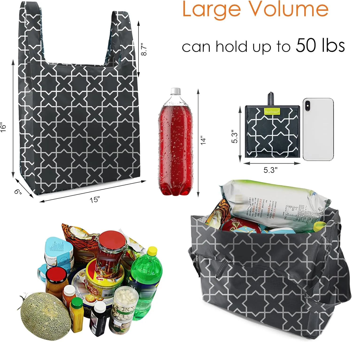 BeeGreen Geometric Reusable Shopping Bags Foldable 2 Pack Ripstop, Reusable Grocery Bags X-Large 50LBS Heavy Duty, Polyester Machine Washable Reusable Bags for Groceries