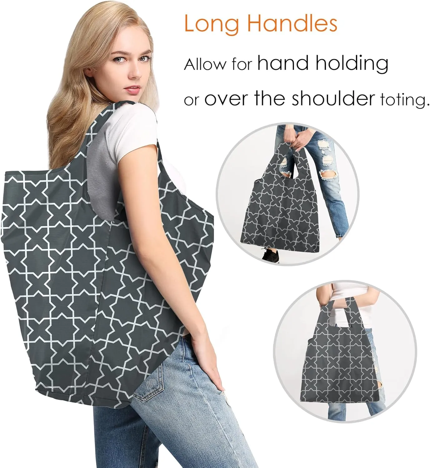 BeeGreen Geometric Reusable Shopping Bags Foldable 2 Pack Ripstop, Reusable Grocery Bags X-Large 50LBS Heavy Duty, Polyester Machine Washable Reusable Bags for Groceries