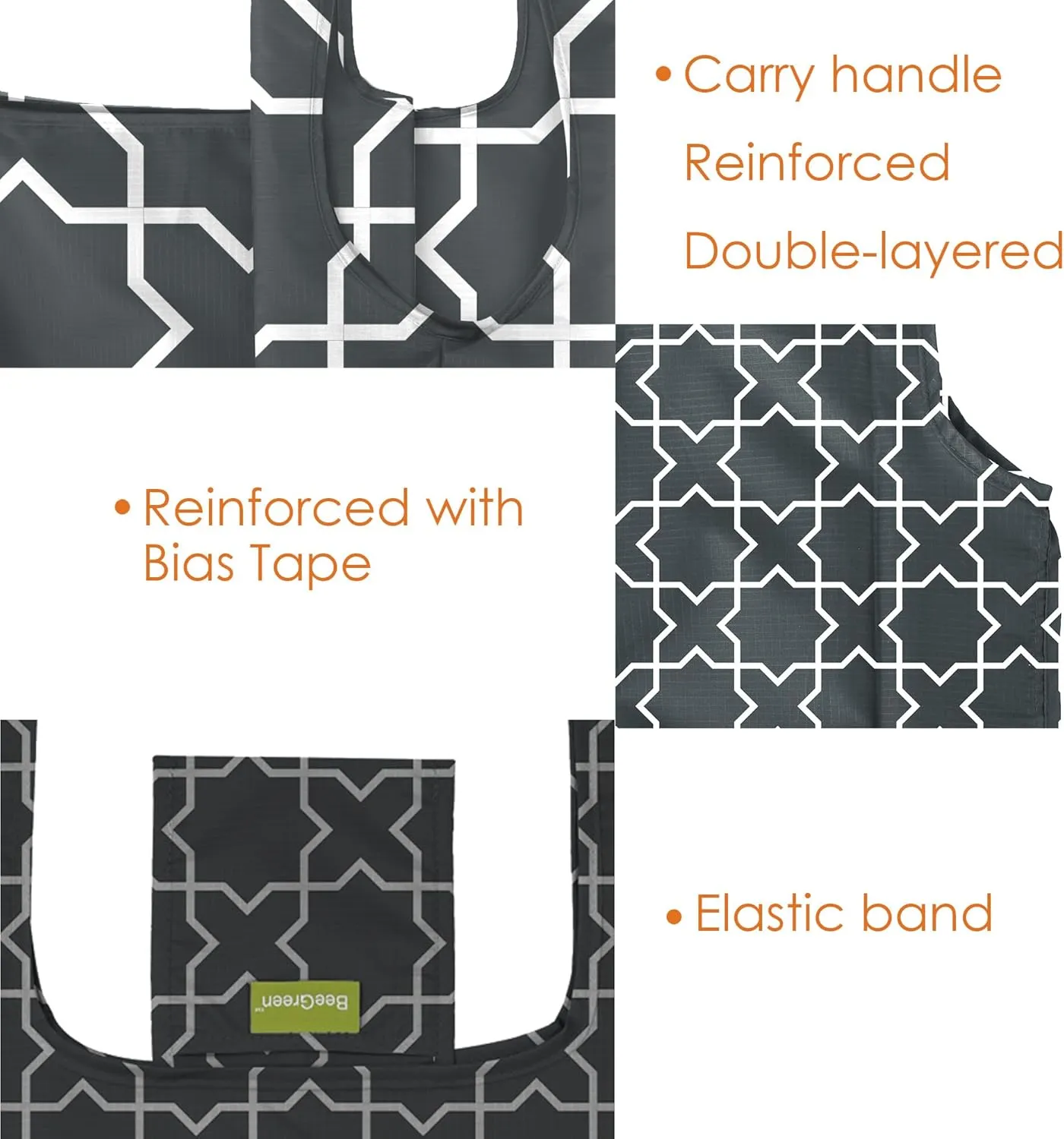 BeeGreen Geometric Reusable Shopping Bags Foldable 2 Pack Ripstop, Reusable Grocery Bags X-Large 50LBS Heavy Duty, Polyester Machine Washable Reusable Bags for Groceries
