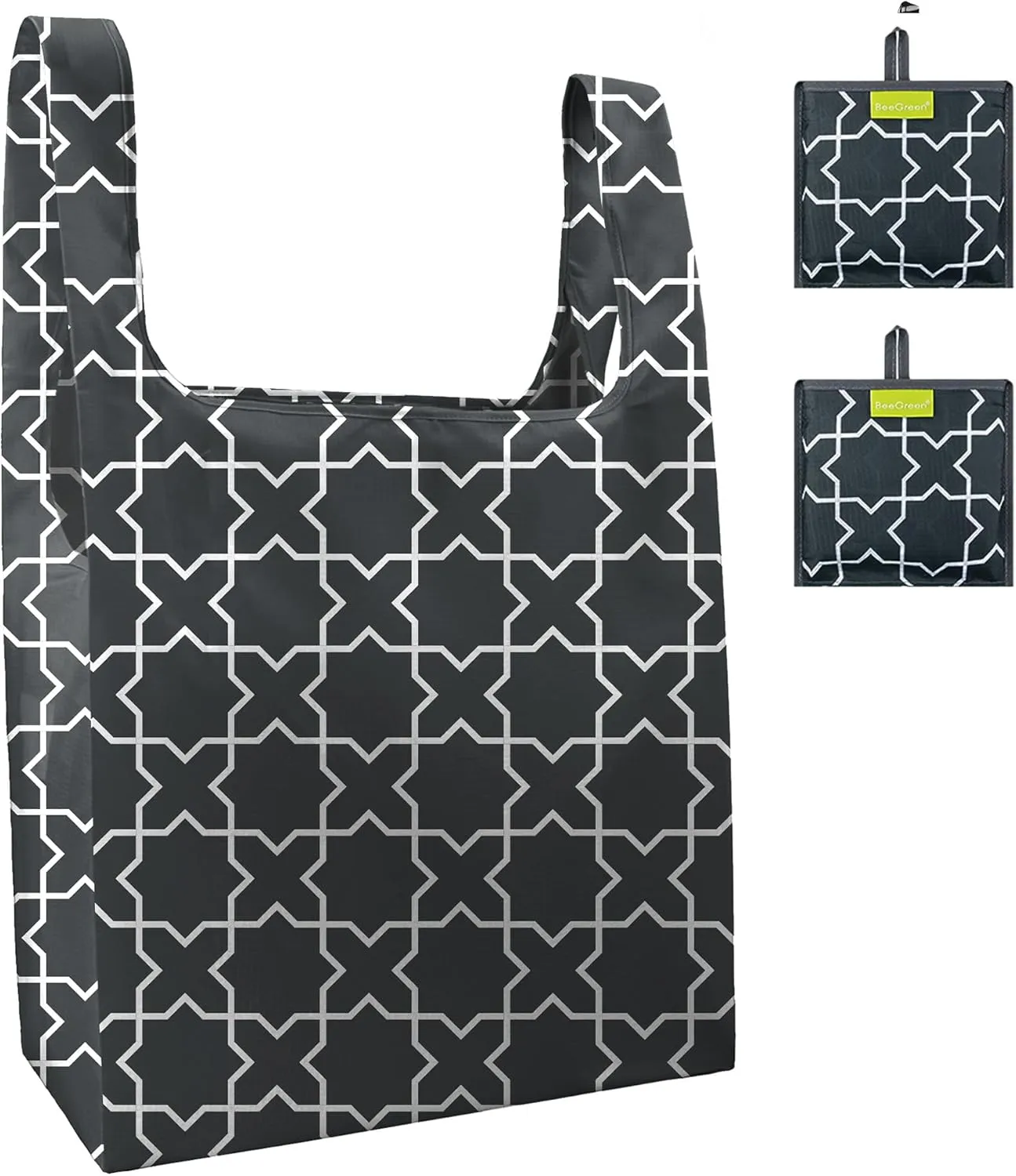 BeeGreen Geometric Reusable Shopping Bags Foldable 2 Pack Ripstop, Reusable Grocery Bags X-Large 50LBS Heavy Duty, Polyester Machine Washable Reusable Bags for Groceries