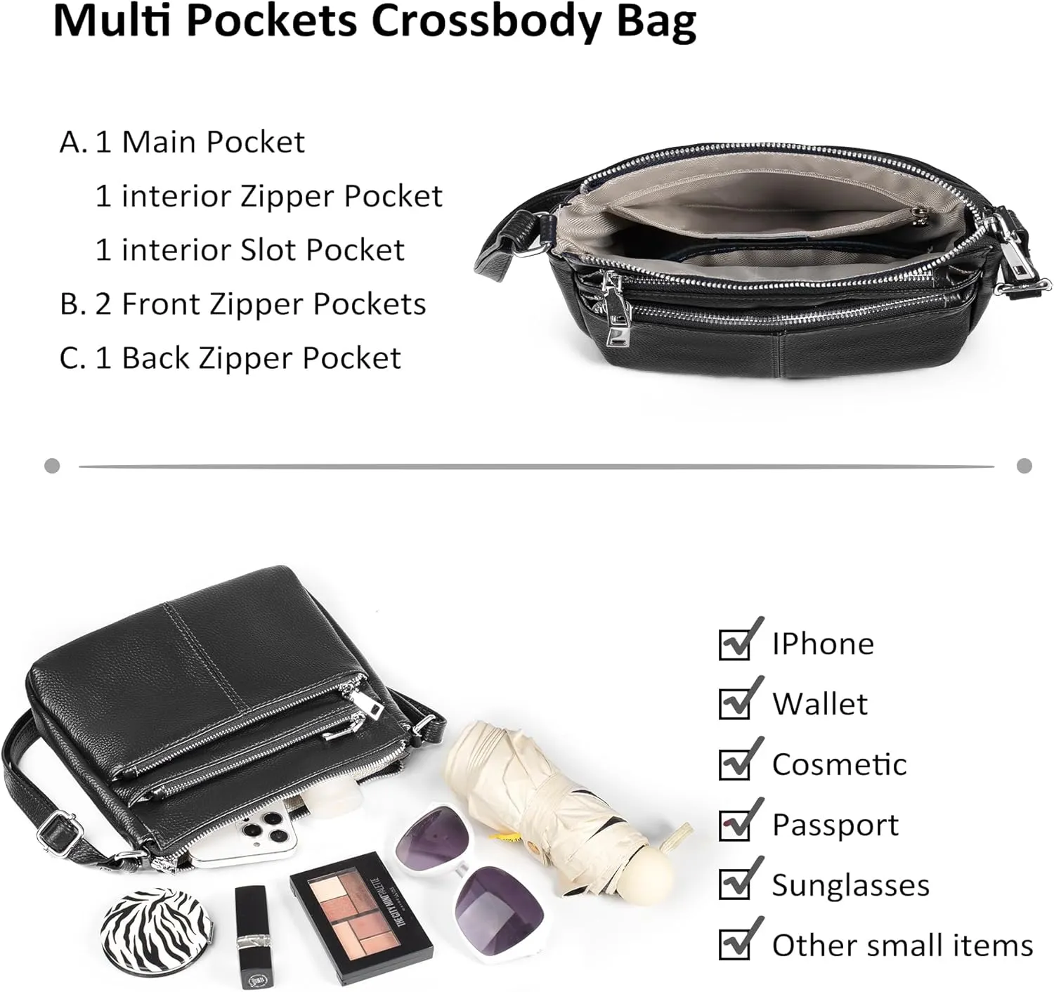 befen Genuine Leather Crossbody Purses Bags for Women, Small Pocketbooks Shoulder Bag Satchel Purse with Multi Pockets