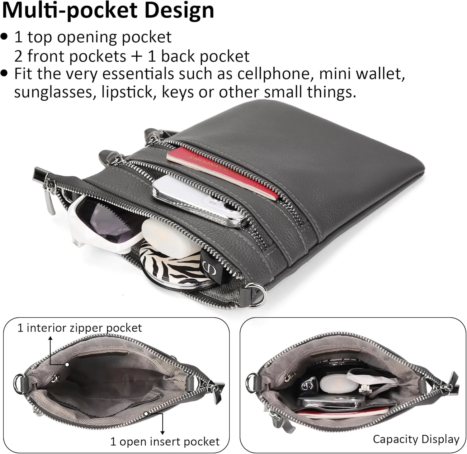 befen Small Genuine Leather Crossbody Purses for Women Trendy Travel Shoulder Handbags with Multiple Zipper Pockets