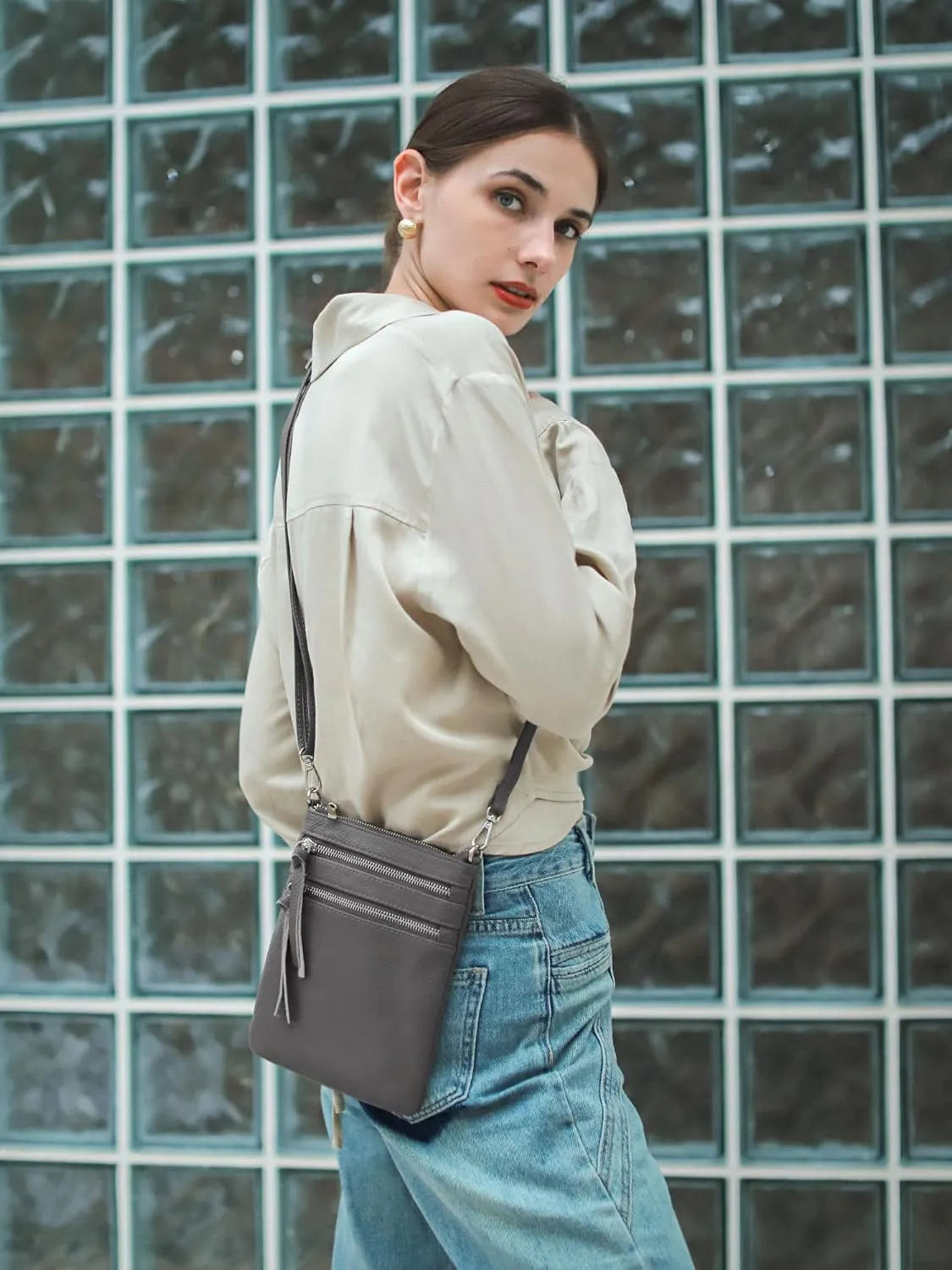 befen Small Genuine Leather Crossbody Purses for Women Trendy Travel Shoulder Handbags with Multiple Zipper Pockets