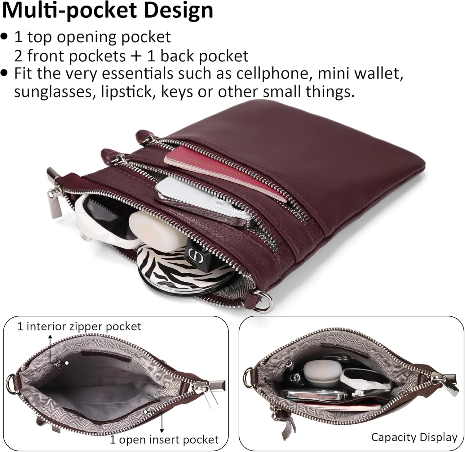 befen Small Genuine Leather Crossbody Purses for Women Trendy Travel Shoulder Handbags with Multiple Zipper Pockets