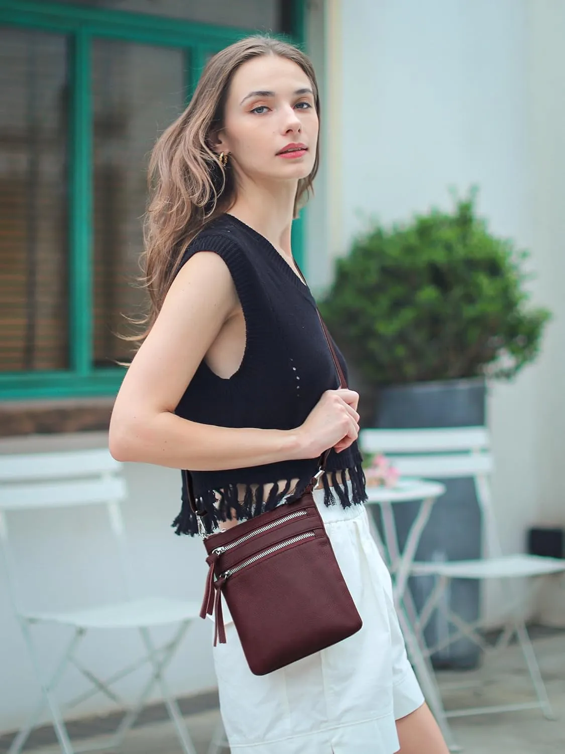 befen Small Genuine Leather Crossbody Purses for Women Trendy Travel Shoulder Handbags with Multiple Zipper Pockets
