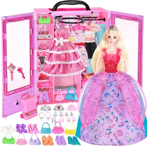 BETTINA My Dreamy Doll Closet with 50  PCS Doll Clothes and Fashion Accessories Set, Princess Doll Wardrobe, Big Closet Playset, Xmas Birthday Toy Gifts Choice for Girls 6-12, 3 to 8 Years Old