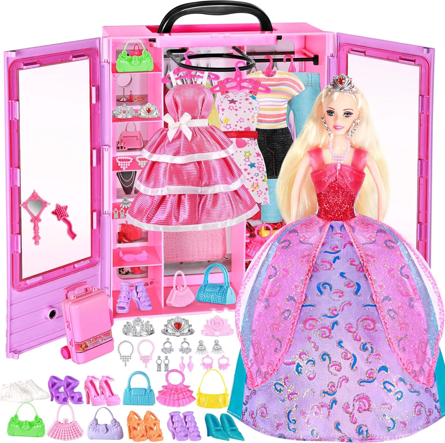 BETTINA My Dreamy Doll Closet with 50  PCS Doll Clothes and Fashion Accessories Set, Princess Doll Wardrobe, Big Closet Playset, Xmas Birthday Toy Gifts Choice for Girls 6-12, 3 to 8 Years Old