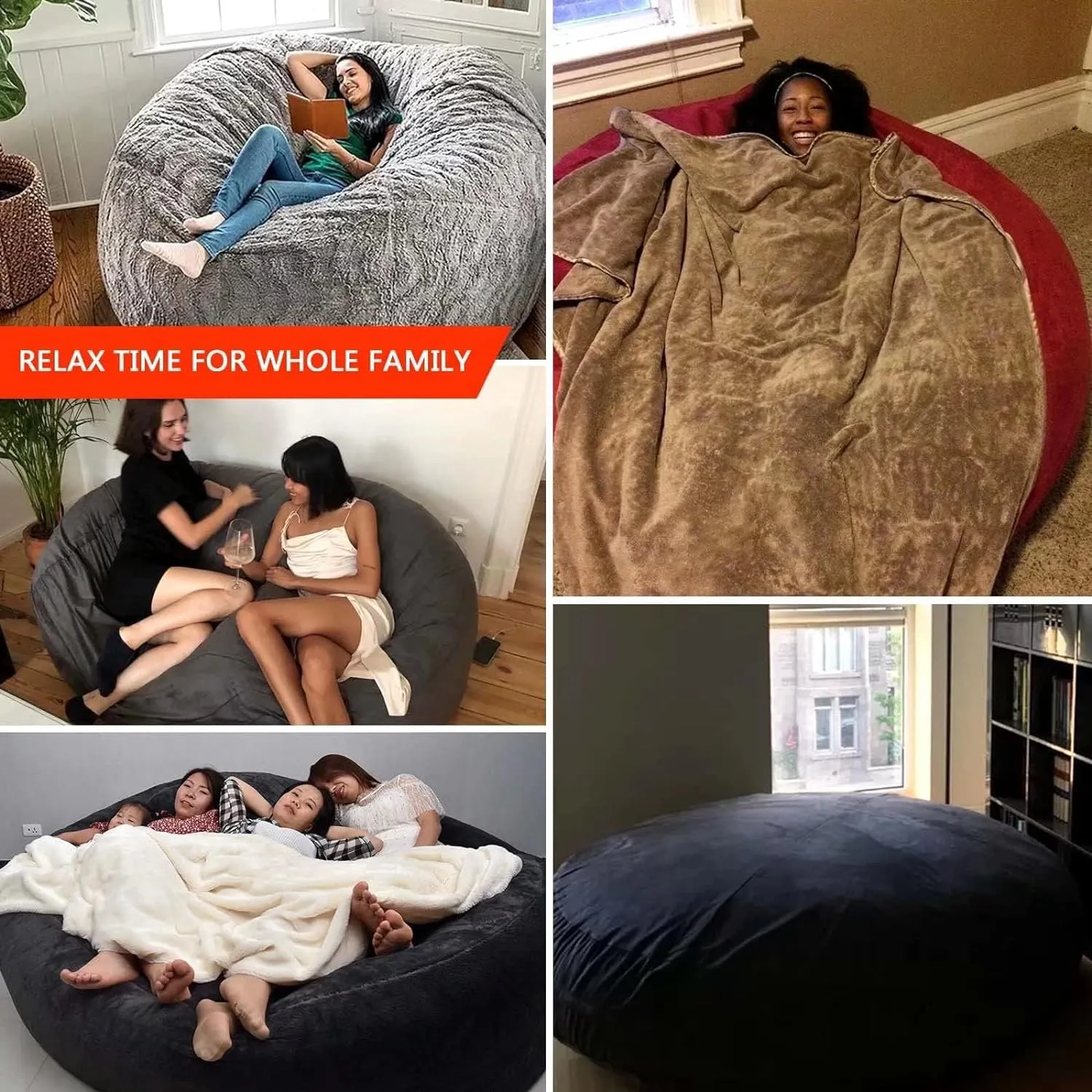 Big Huge Giant Bean Bag Chair for Adults, (No Filler) Bean Bag Chairs in Multiple Sizes and Colors Giant Foam-Filling Required- Machine Washable Covers, Double Stitched Seams (Dark Gray,6FT)