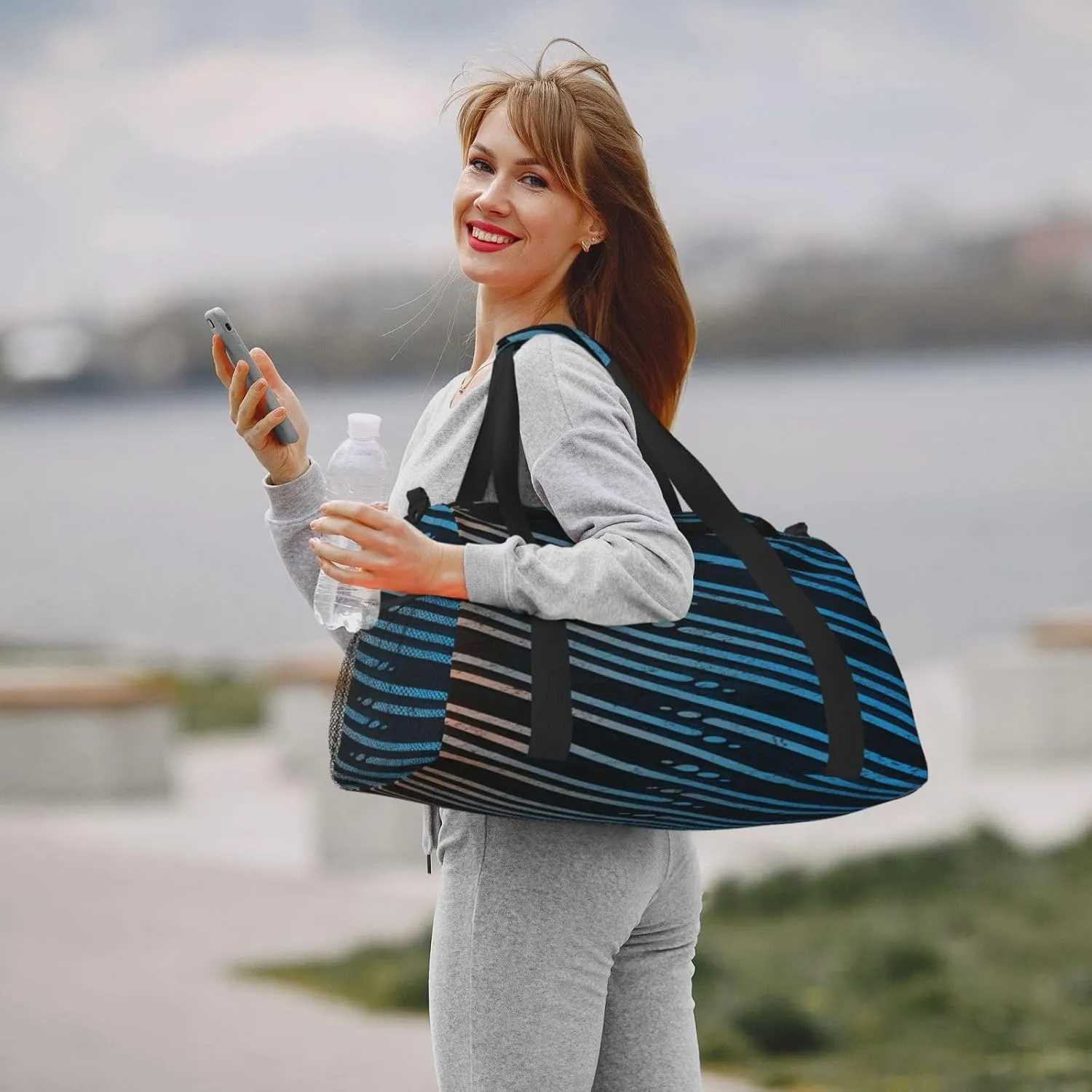 Black And White Line Travel Duffel Bag Large Foldable Waterproof Overnight Bag For Beach Swim Bags Pool Sports Gym