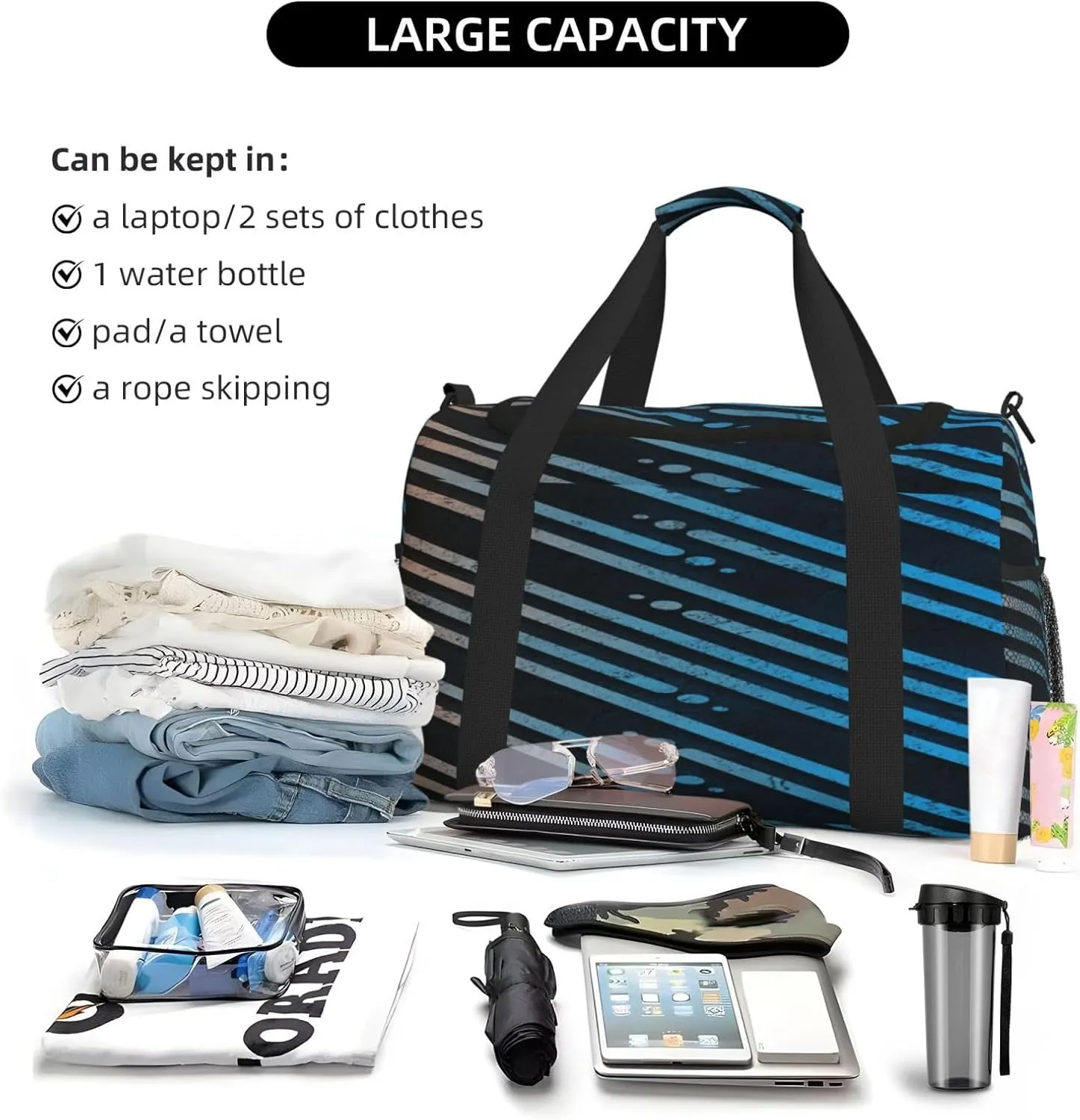 Black And White Line Travel Duffel Bag Large Foldable Waterproof Overnight Bag For Beach Swim Bags Pool Sports Gym