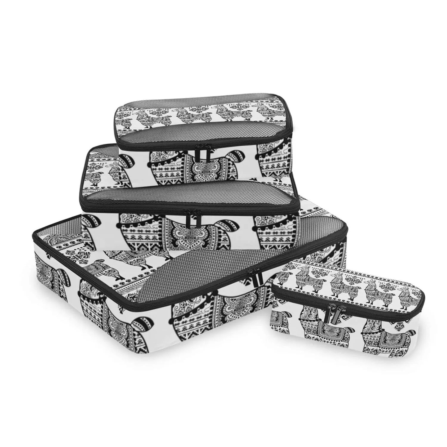 Black White Alpaca Llama Animal with Ethnic Tribal Ornaments 4 Set Packing Cubes, Travel Packing Organizers, 600D Oxford Cloth Toiletry Storage Bag, Luggage Mesh Bags for Accessories