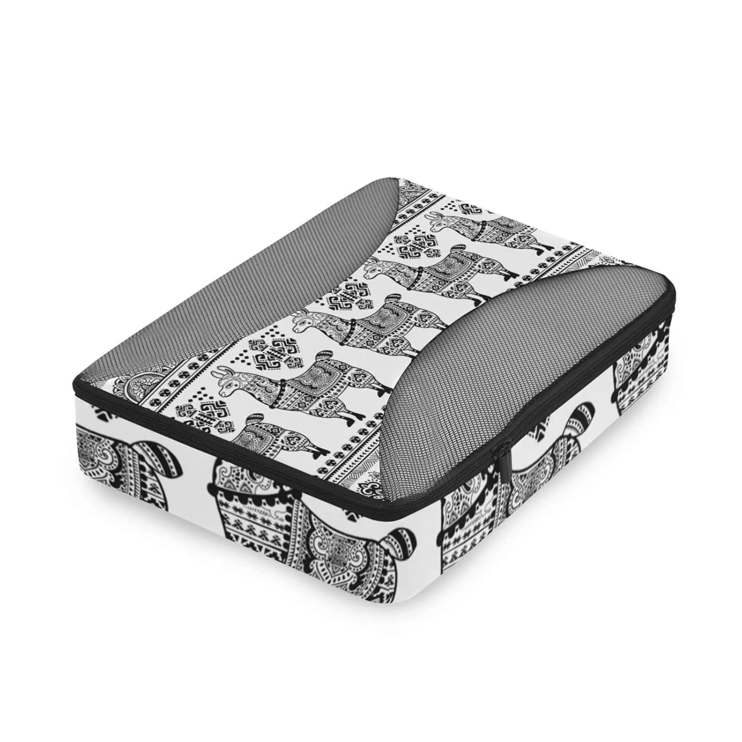 Black White Alpaca Llama Animal with Ethnic Tribal Ornaments 4 Set Packing Cubes, Travel Packing Organizers, 600D Oxford Cloth Toiletry Storage Bag, Luggage Mesh Bags for Accessories