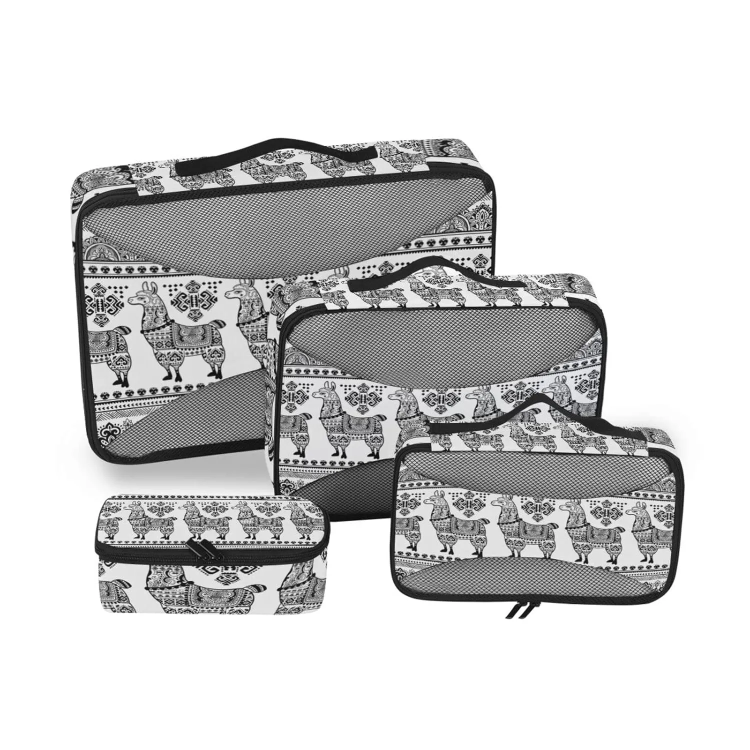 Black White Alpaca Llama Animal with Ethnic Tribal Ornaments 4 Set Packing Cubes, Travel Packing Organizers, 600D Oxford Cloth Toiletry Storage Bag, Luggage Mesh Bags for Accessories