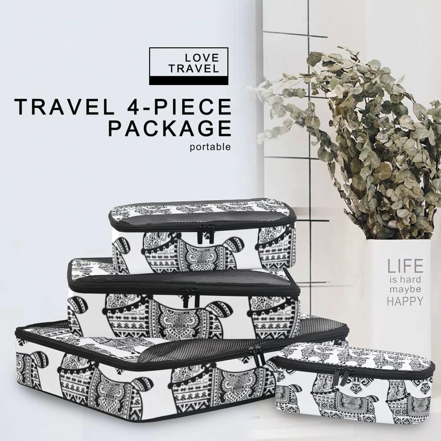 Black White Alpaca Llama Animal with Ethnic Tribal Ornaments 4 Set Packing Cubes, Travel Packing Organizers, 600D Oxford Cloth Toiletry Storage Bag, Luggage Mesh Bags for Accessories