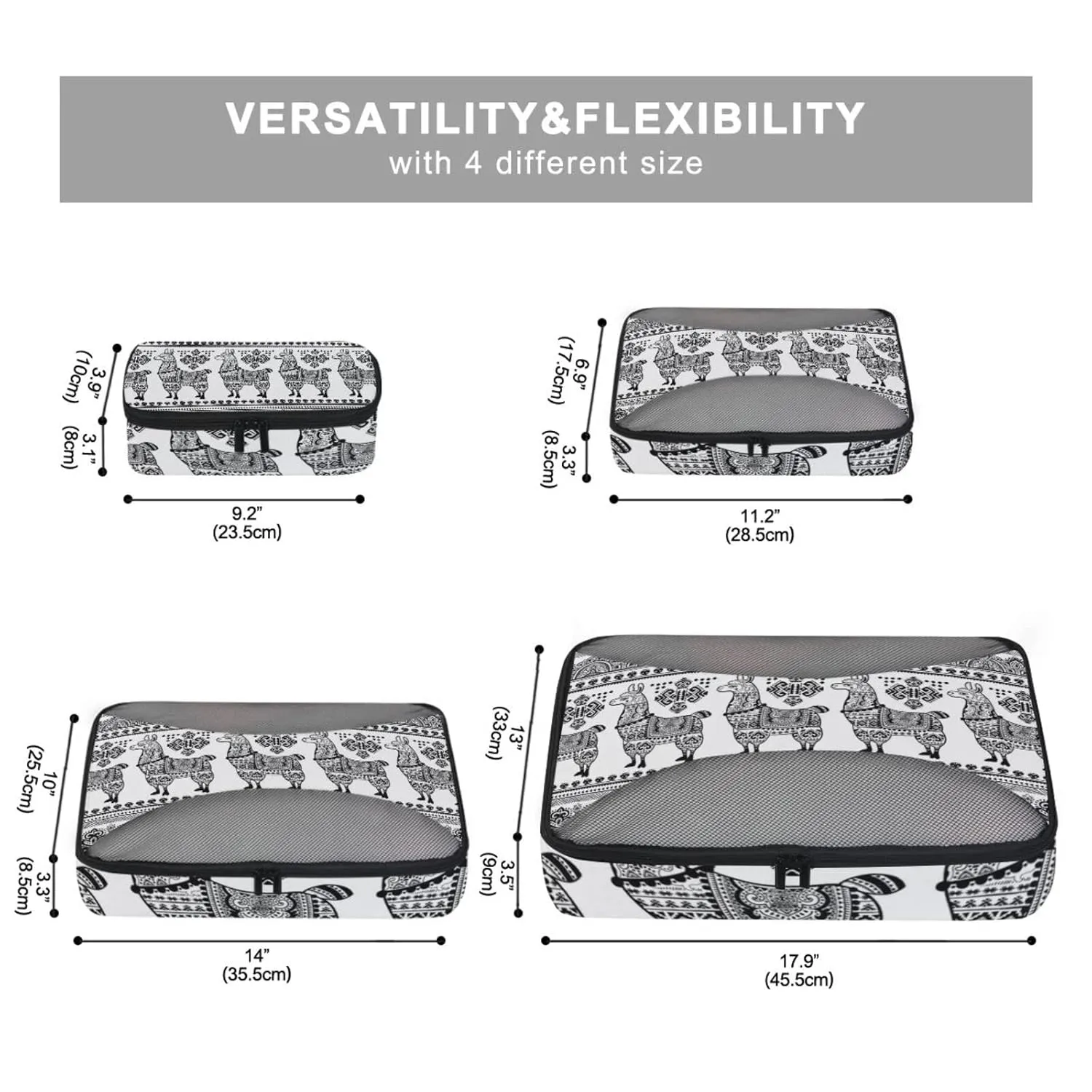 Black White Alpaca Llama Animal with Ethnic Tribal Ornaments 4 Set Packing Cubes, Travel Packing Organizers, 600D Oxford Cloth Toiletry Storage Bag, Luggage Mesh Bags for Accessories