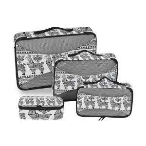 Black White Alpaca Llama Animal with Ethnic Tribal Ornaments 4 Set Packing Cubes, Travel Packing Organizers, 600D Oxford Cloth Toiletry Storage Bag, Luggage Mesh Bags for Accessories