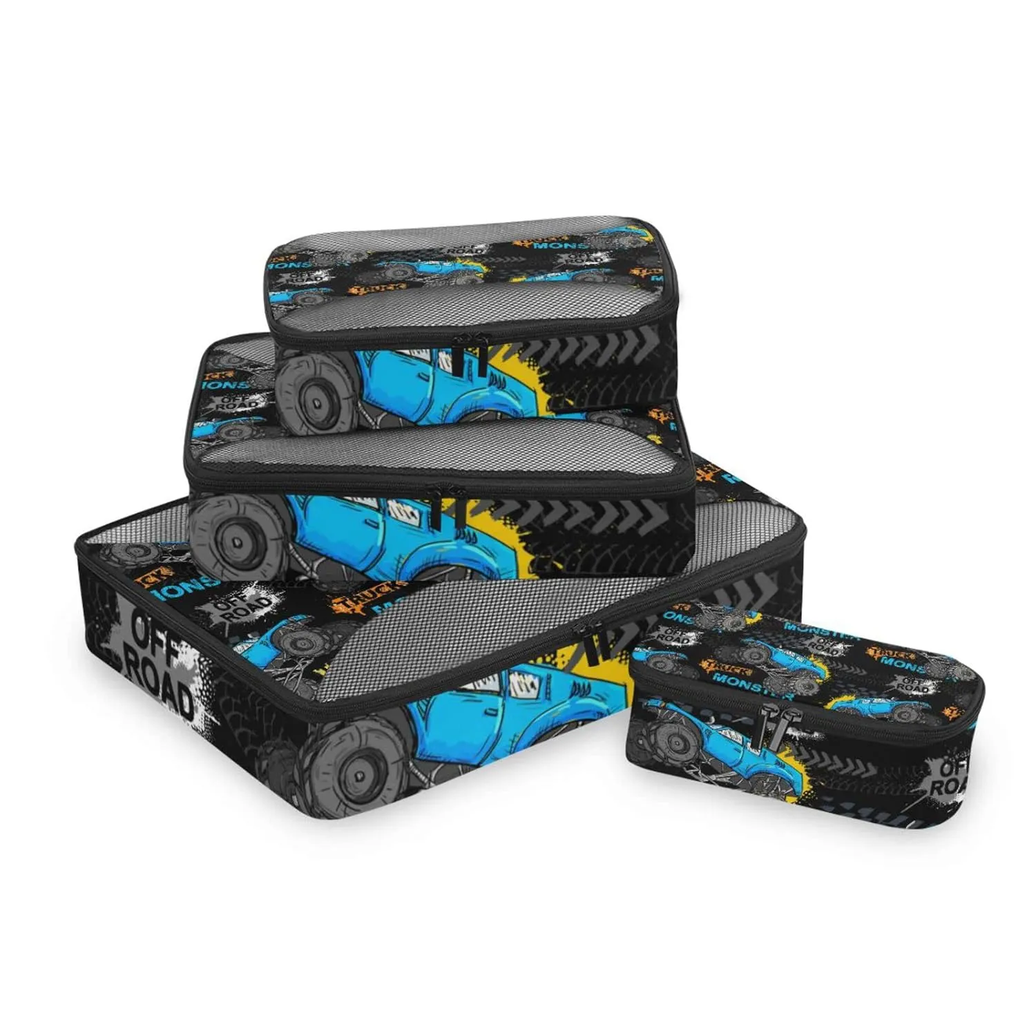 Blue Truck Car, Trace of Tire, Drive and Speed on Black 4 Set Packing Cubes, Travel Packing Organizers, 600D Oxford Cloth Toiletry Storage Bag, Luggage Mesh Bags for Accessories