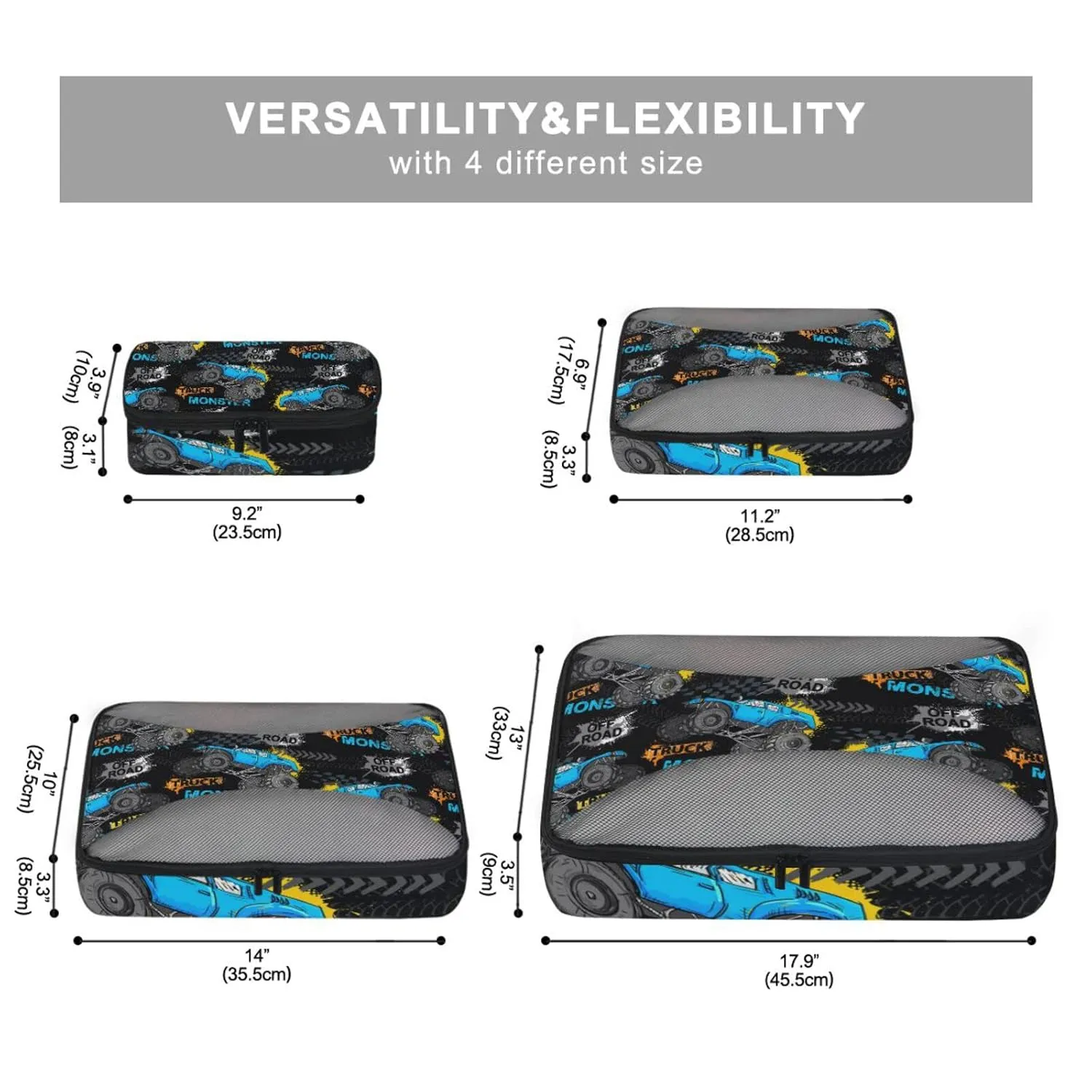 Blue Truck Car, Trace of Tire, Drive and Speed on Black 4 Set Packing Cubes, Travel Packing Organizers, 600D Oxford Cloth Toiletry Storage Bag, Luggage Mesh Bags for Accessories