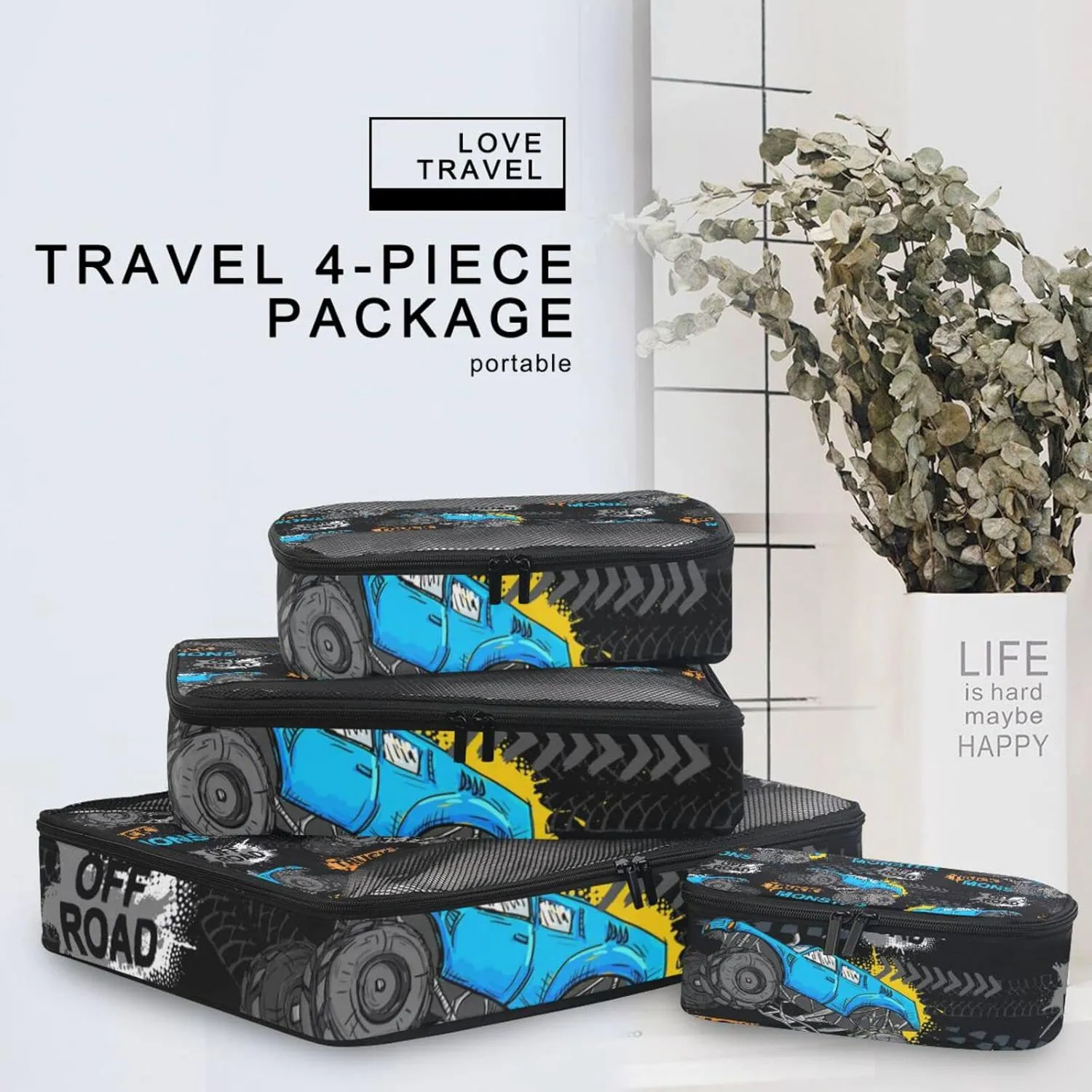 Blue Truck Car, Trace of Tire, Drive and Speed on Black 4 Set Packing Cubes, Travel Packing Organizers, 600D Oxford Cloth Toiletry Storage Bag, Luggage Mesh Bags for Accessories