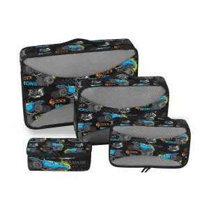 Blue Truck Car, Trace of Tire, Drive and Speed on Black 4 Set Packing Cubes, Travel Packing Organizers, 600D Oxford Cloth Toiletry Storage Bag, Luggage Mesh Bags for Accessories