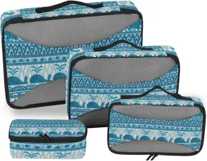 Blue Underwater Mandala Whales Starfish and Sea Turtles Stripes 4 PCs Set Packing Bags, Luggage Organizer Bag, Portable Cube Toiletry bag, Durable Travel Cosmetic Storage Bag for Men Women