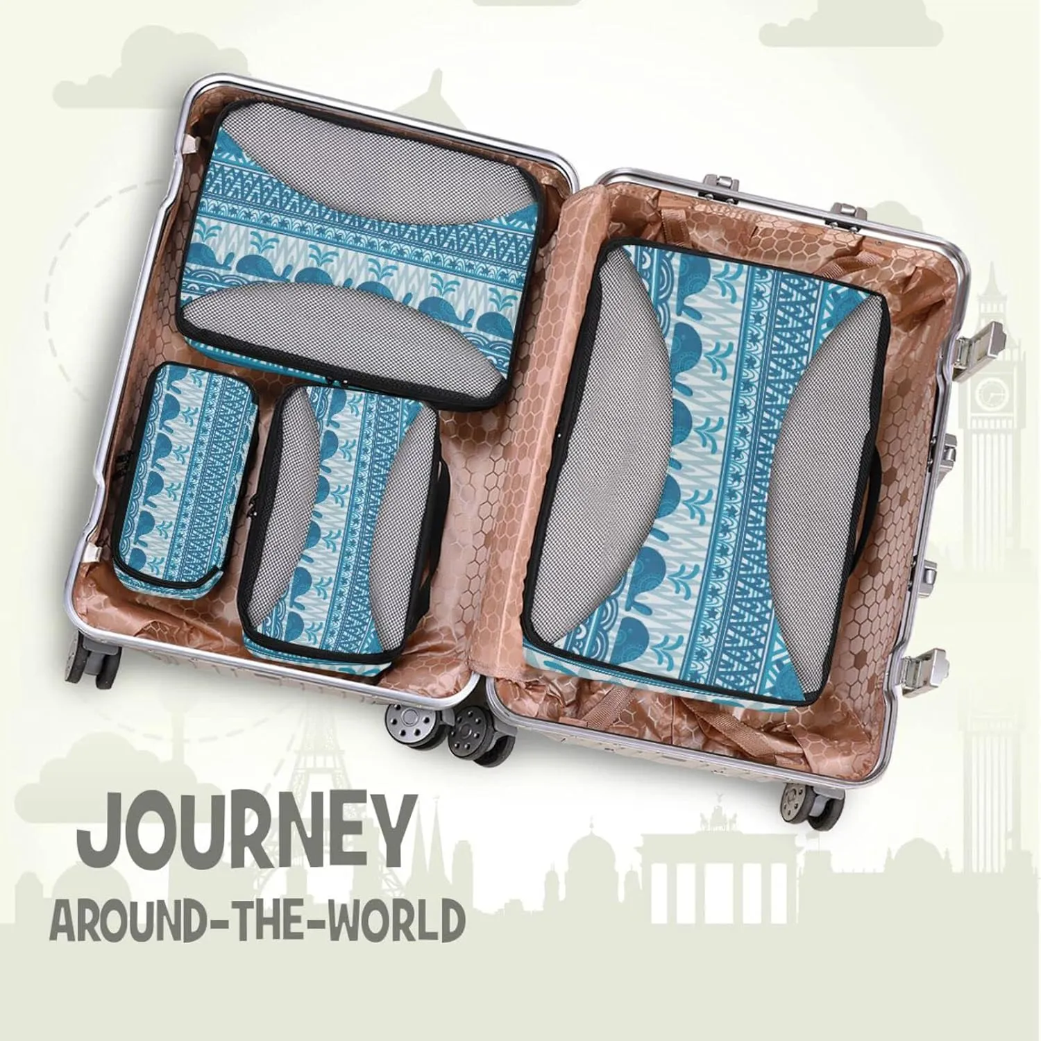Blue Underwater Mandala Whales Starfish and Sea Turtles Stripes 4 PCs Set Packing Bags, Luggage Organizer Bag, Portable Cube Toiletry bag, Durable Travel Cosmetic Storage Bag for Men Women