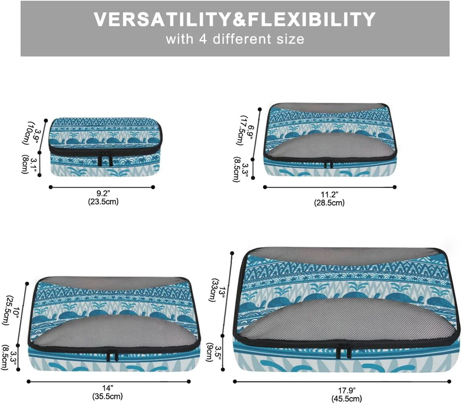 Blue Underwater Mandala Whales Starfish and Sea Turtles Stripes 4 PCs Set Packing Bags, Luggage Organizer Bag, Portable Cube Toiletry bag, Durable Travel Cosmetic Storage Bag for Men Women