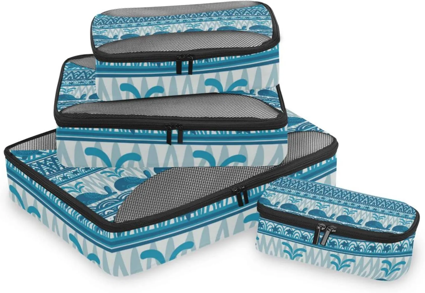 Blue Underwater Mandala Whales Starfish and Sea Turtles Stripes 4 PCs Set Packing Bags, Luggage Organizer Bag, Portable Cube Toiletry bag, Durable Travel Cosmetic Storage Bag for Men Women
