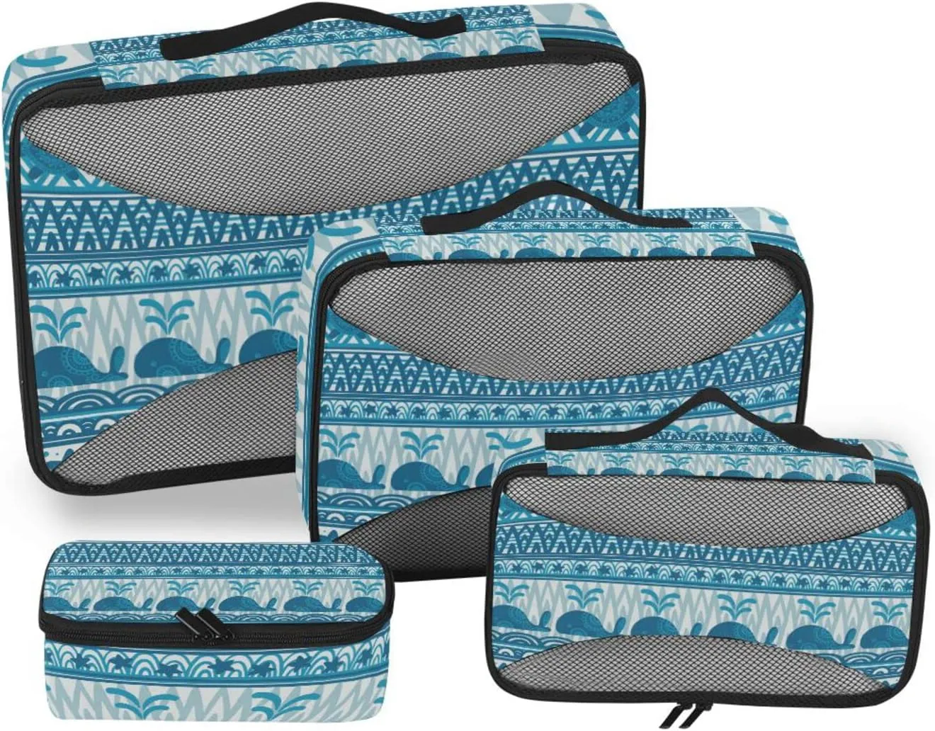 Blue Underwater Mandala Whales Starfish and Sea Turtles Stripes 4 PCs Set Packing Bags, Luggage Organizer Bag, Portable Cube Toiletry bag, Durable Travel Cosmetic Storage Bag for Men Women