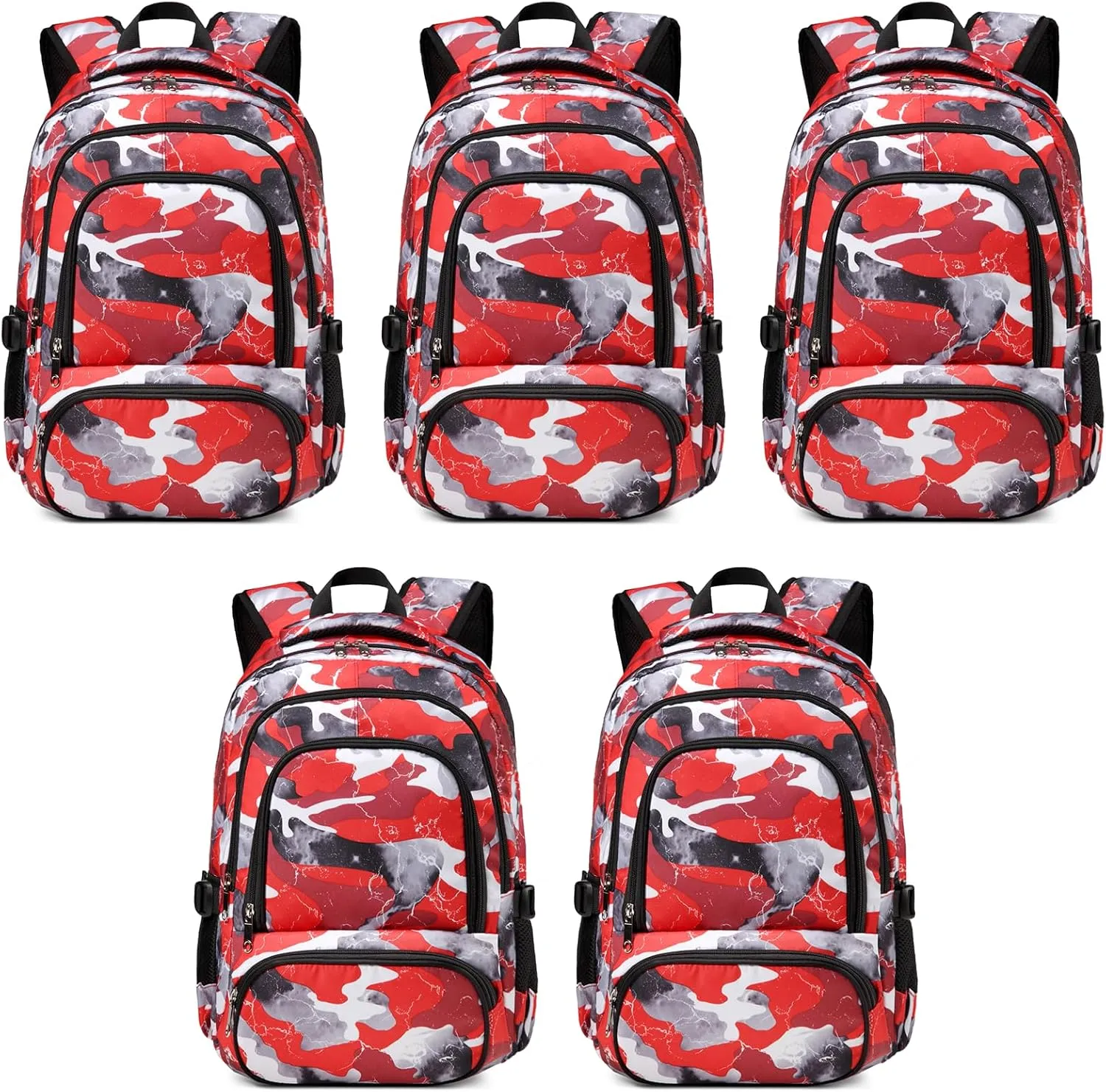 BLUEFAIRY Kids Backpack in Bulk for Boys and Girls Elementary School Bags Wholesales Bookbags for Childs Students Back to School Gifts Mochila Escolares para Niños 17" Camo Red 5 Pack