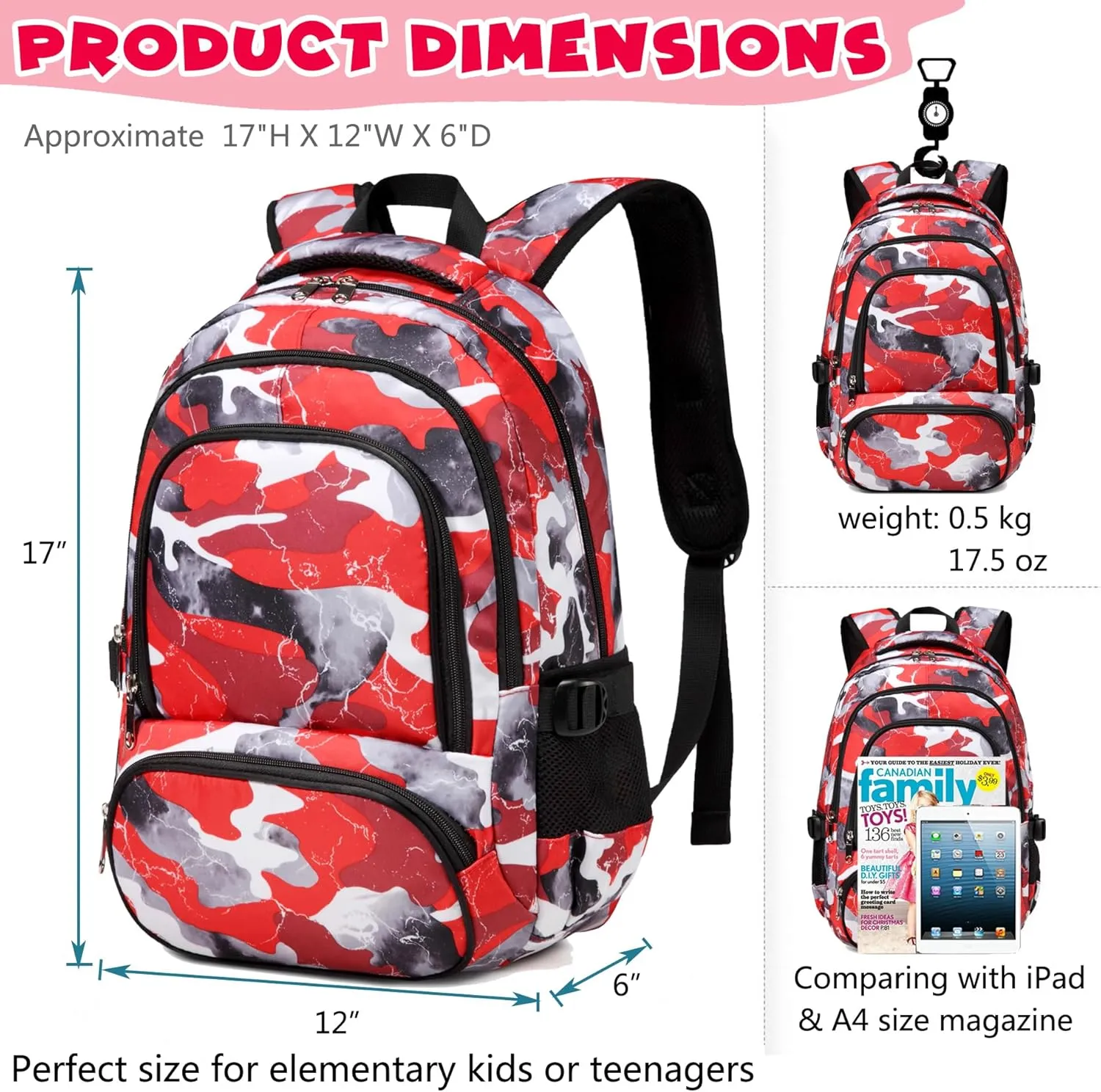 BLUEFAIRY Kids Backpack in Bulk for Boys and Girls Elementary School Bags Wholesales Bookbags for Childs Students Back to School Gifts Mochila Escolares para Niños 17" Camo Red 5 Pack