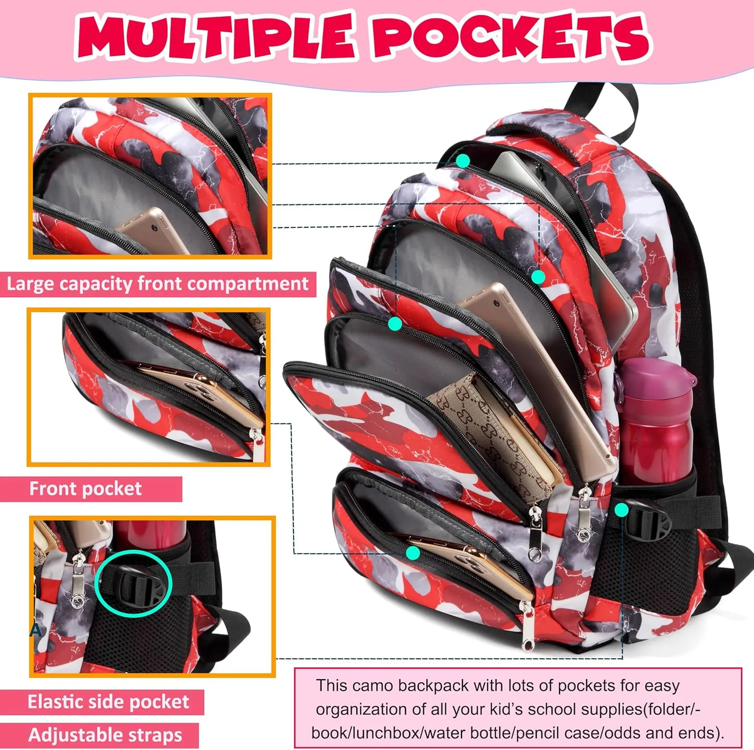 BLUEFAIRY Kids Backpack in Bulk for Boys and Girls Elementary School Bags Wholesales Bookbags for Childs Students Back to School Gifts Mochila Escolares para Niños 17" Camo Red 5 Pack