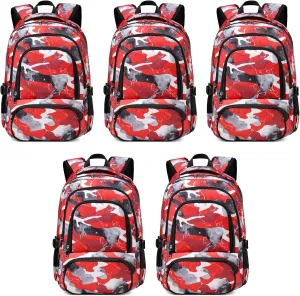 BLUEFAIRY Kids Backpack in Bulk for Boys and Girls Elementary School Bags Wholesales Bookbags for Childs Students Back to School Gifts Mochila Escolares para Niños 17" Camo Red 5 Pack