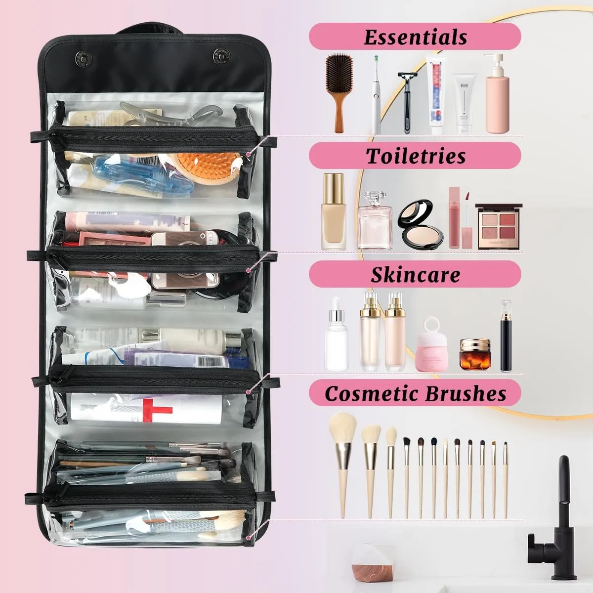 Bohemian Retro Foldable Toiletry Bag with Detachable Removable Pouches Hanging 4 in 1 Roll Up Large Makeup Toiletry Organizer Storage Bag with Handle